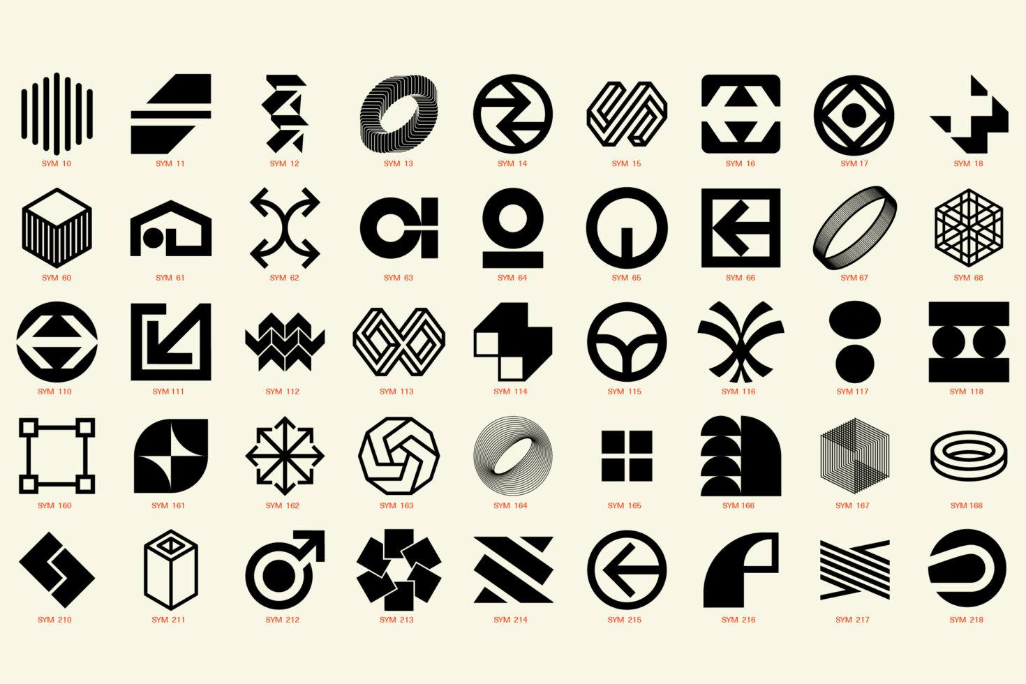 Collection of 36 abstract black geometric symbols on light background for designers. Suitable for graphics projects and logo design. Vector graphics.