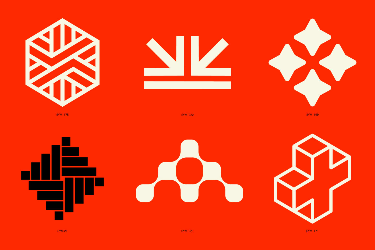 Geometric logo set on orange background for designers. Modern abstract symbols ideal for branding. Keywords: graphics, design, branding, logo templates.