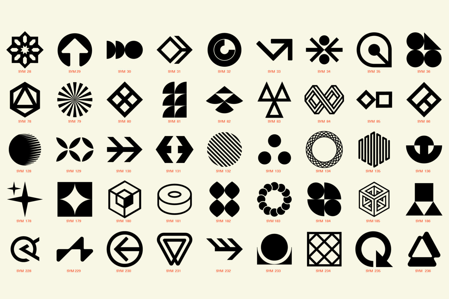 Collection of 40 geometric symbols in black on a light background graphic design templates shapes abstract vector illustrations for designers.