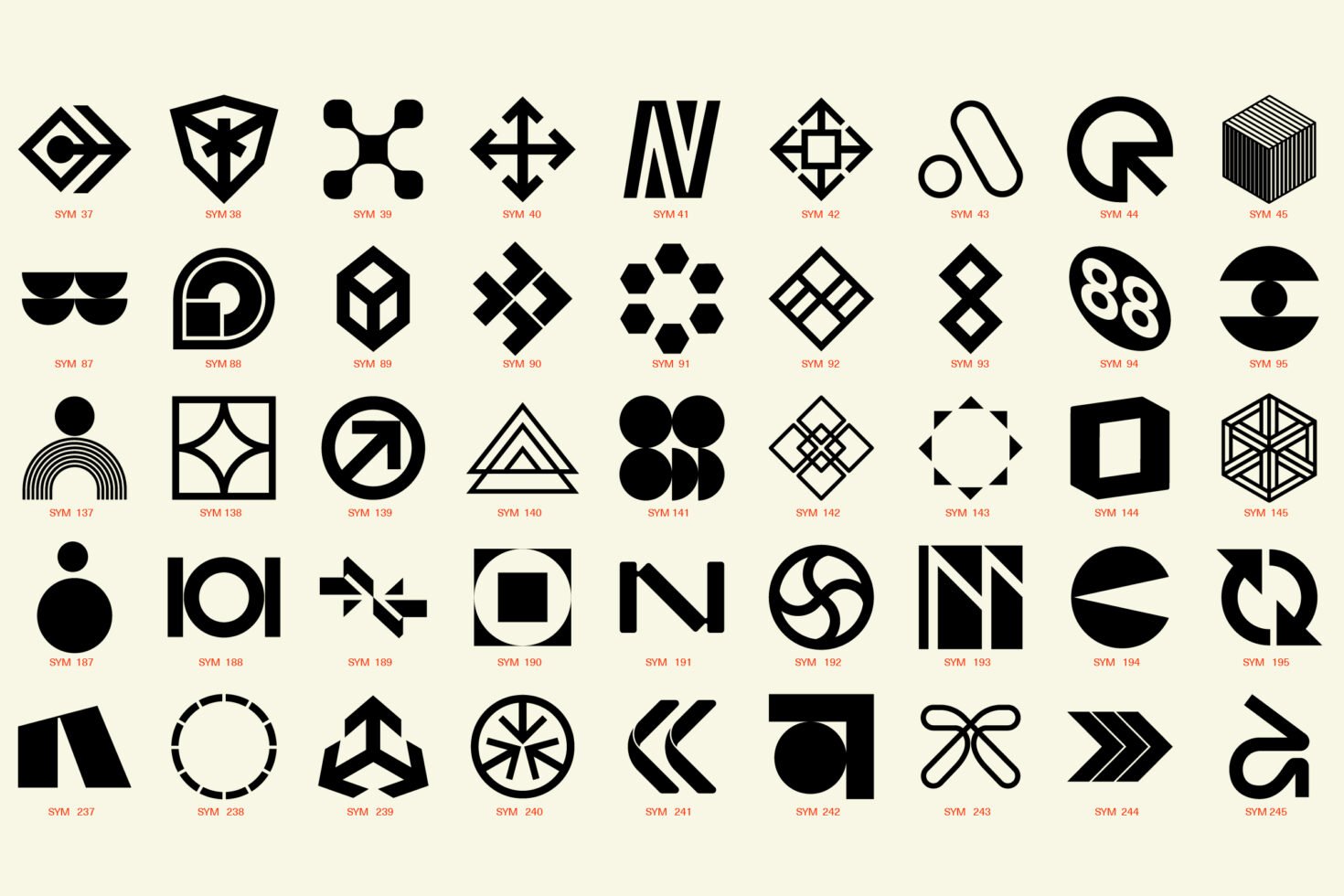 Fifty geometric black shapes logos on a light background. Perfect for graphic design projects, templates, branding, and creative assets for designers.