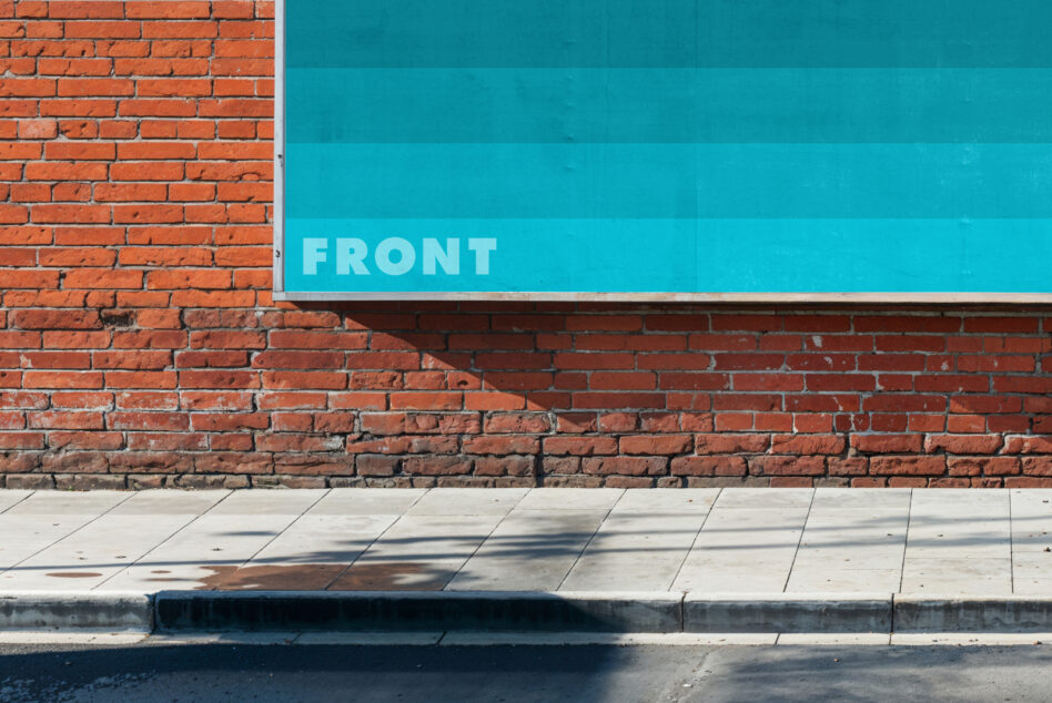 Street billboard mockup on red brick wall with teal background perfect for graphic designers to showcase advertising designs urban exposure marketing