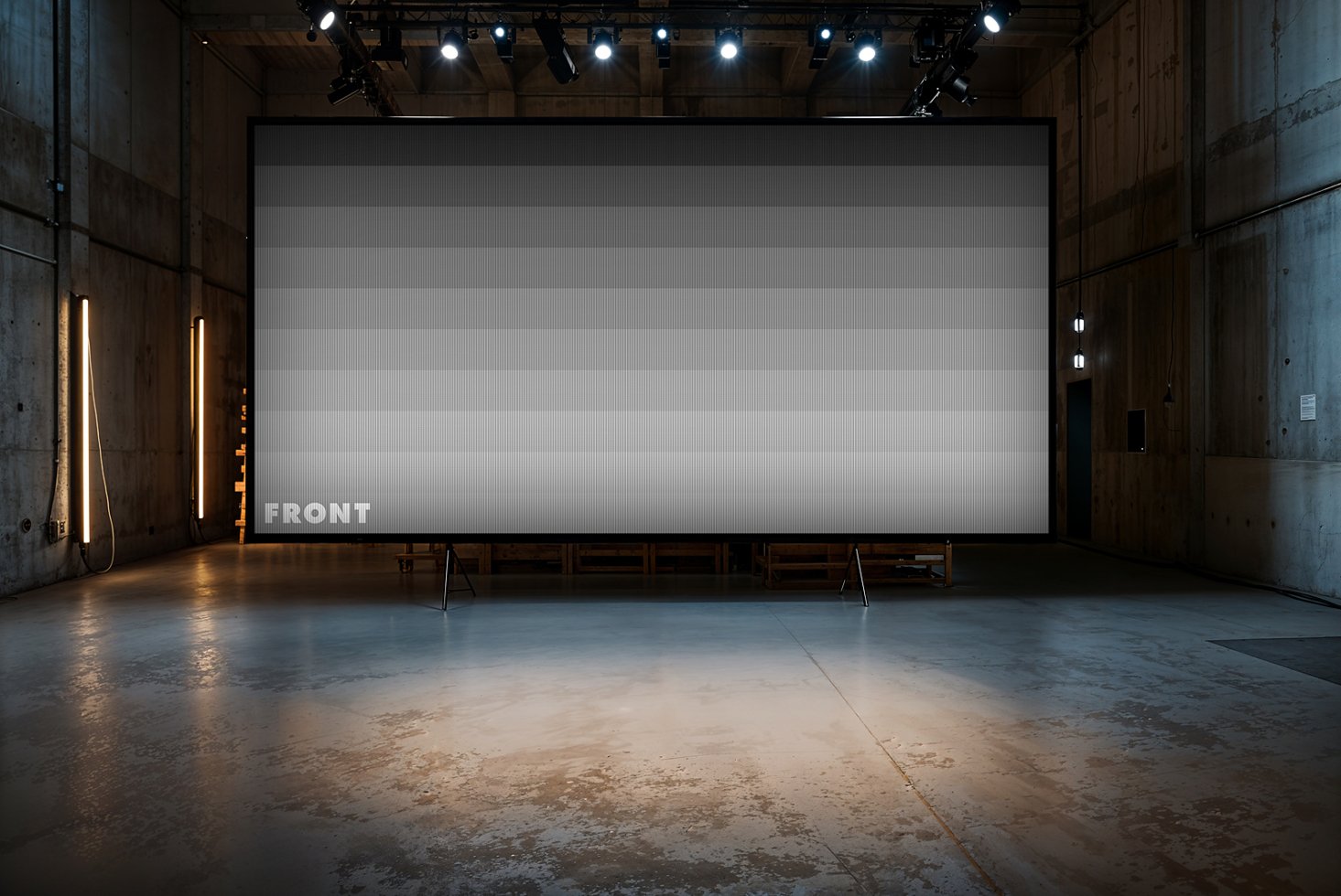 Large cinema screen mockup in an industrial interior with detailed lighting suitable for graphic displays perfect for designers and template creators.