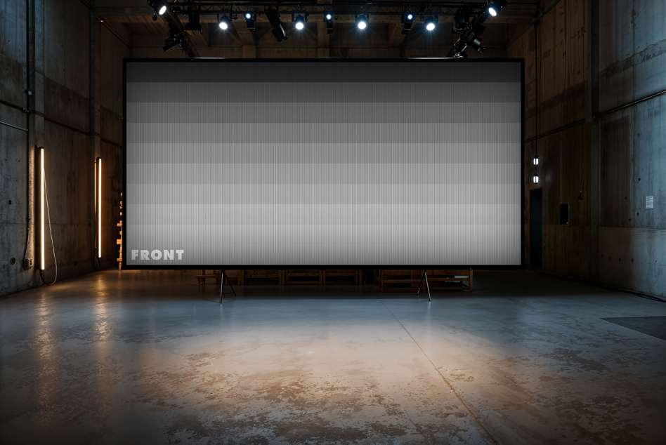 Large cinema screen mockup in an industrial interior with detailed lighting suitable for graphic displays perfect for designers and template creators.