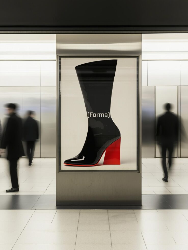 City billboard mockup showcasing a high-heeled boot with glossy finish and red sole. Ideal for product advertisements urban settings and design presentations.