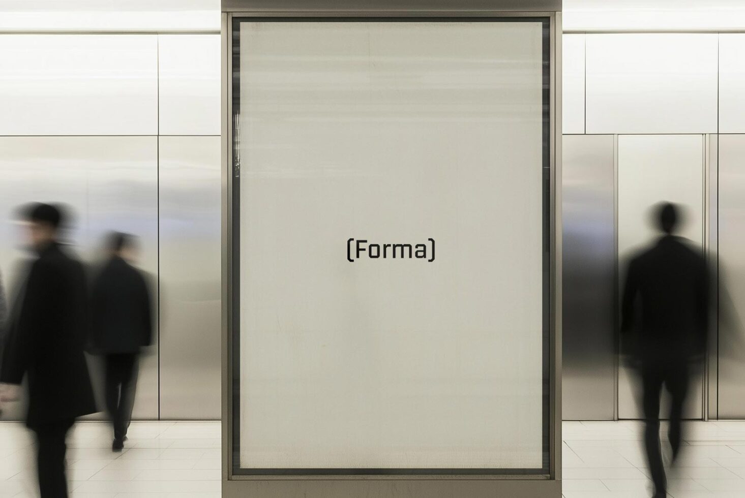 Mockup of a blank advertising panel in a modern subway station with blurred commuters walking by ideal for realistic billboard or signage presentations.