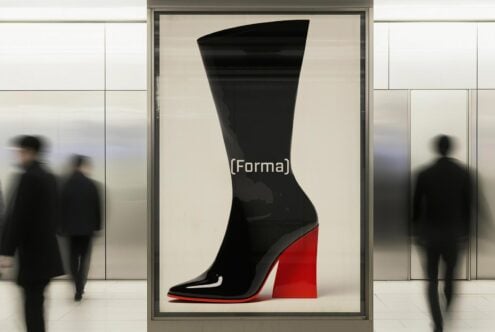 Glossy black high heel boot with red sole displayed in urban ad poster suitable for graphics or mockups. Modern fashion element for designers.
