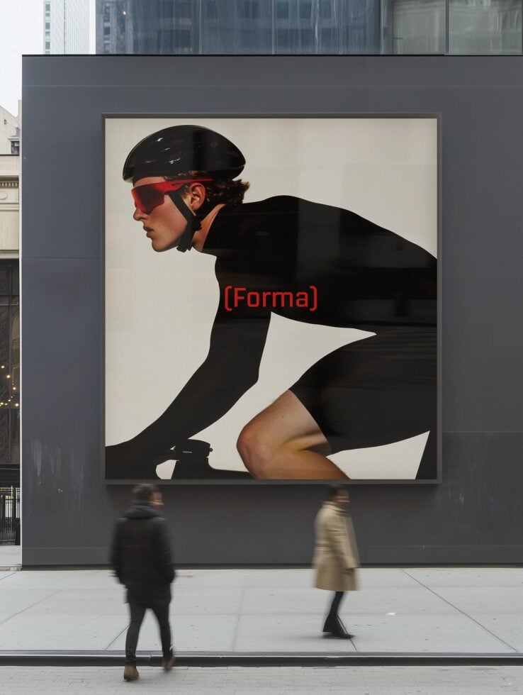 Outdoor billboard mockup showcasing a cyclist in aerodynamic pose wearing helmet and sunglasses perfect for advertising and branding designers