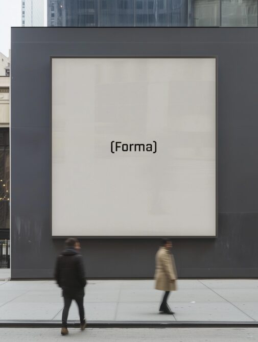 Blank cream poster mockup on dark storefront with city pedestrians walking by