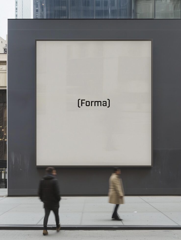 Large urban billboard mockup on a building facade with blank space featuring text Forma. Suitable for showcasing advertisements. Ideal for designers.