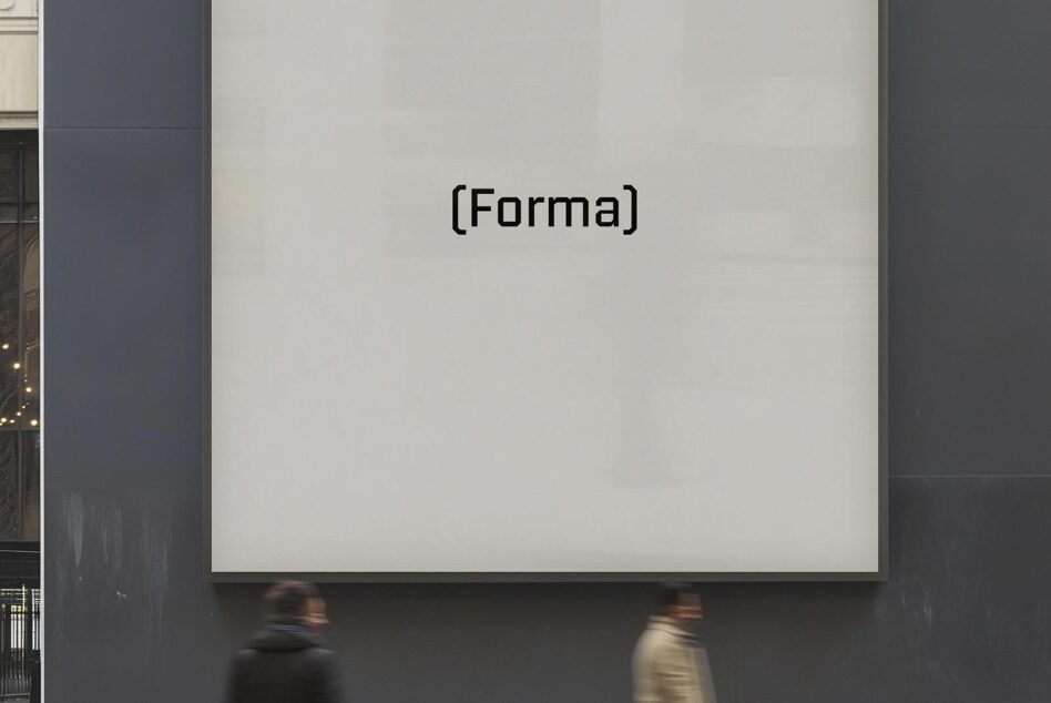 Large outdoor billboard mockup on building storefront, blurred street activity below