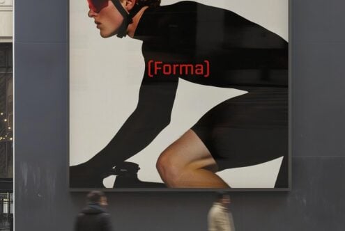 Urban billboard mockup showcasing a cyclist profile with Forma text in red. Ideal for advertising and graphic design projects. Creative template, marketing.