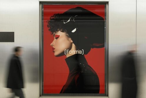 Stylish indoor poster mockup featuring a side profile of a woman in vibrant red and black tones perfect for graphic designers and advertisers.