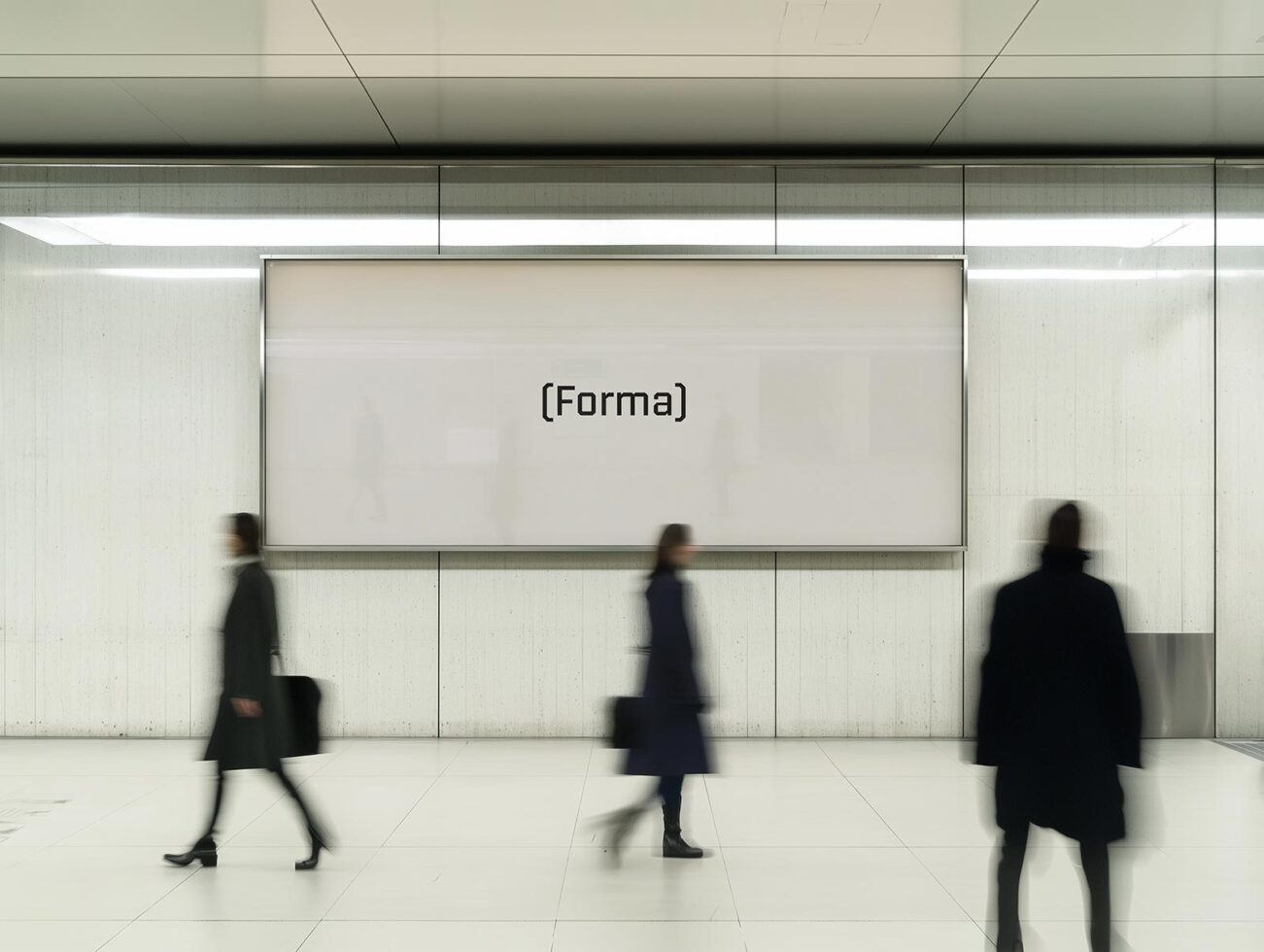 Minimalist billboard mockup in modern subway setting with blurred motion of commuters. Ideal for ad design showcase unique branding urban style display.