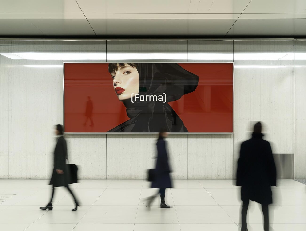 People walking past a large advertising poster in a modern space featuring a stylish female portrait with red background. Keywords mockup design template.