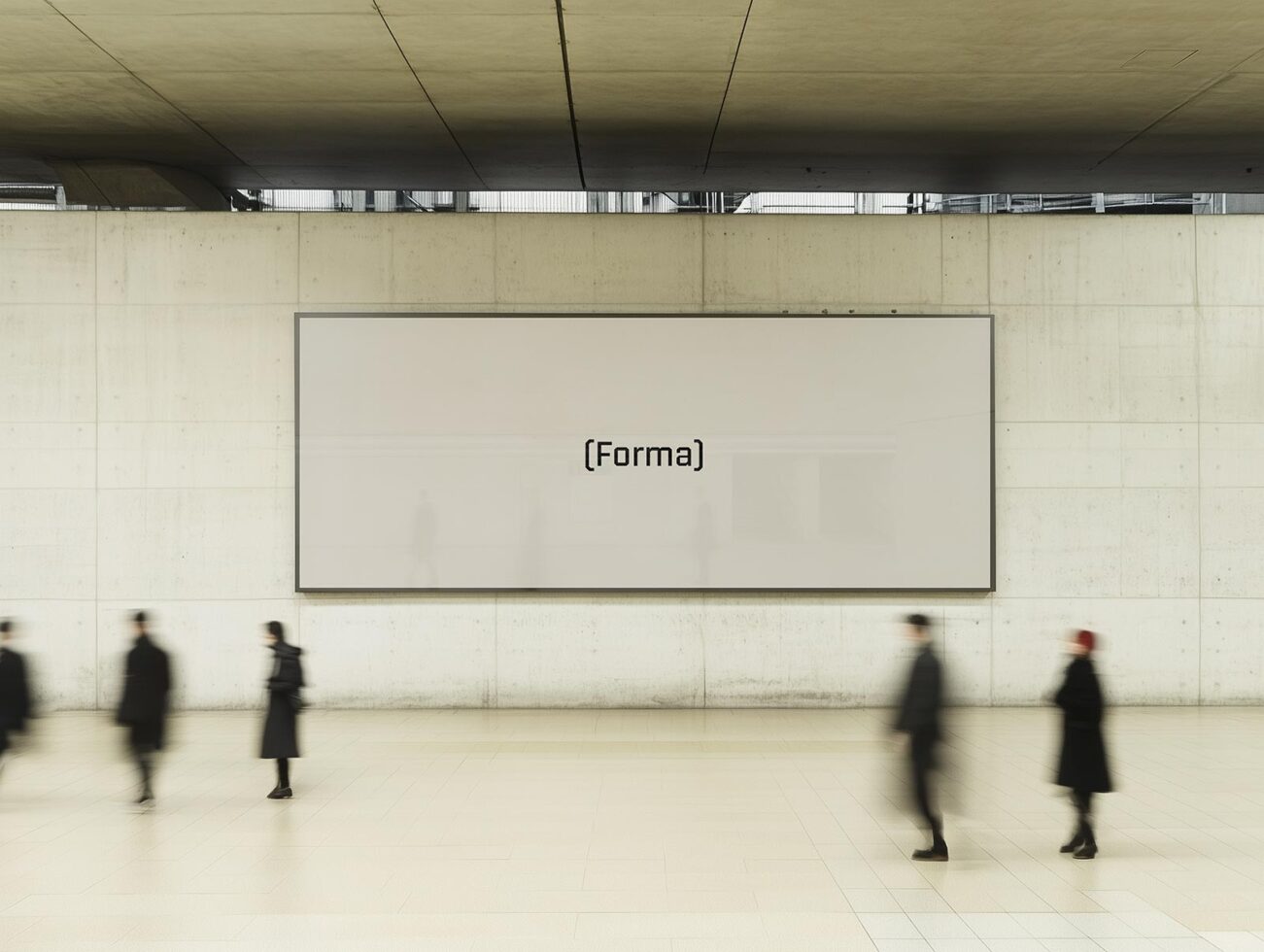 Concrete wall with large rectangular poster mockup in an urban setting. Blurred pedestrians walk by. Suitable for showcasing graphic designs.