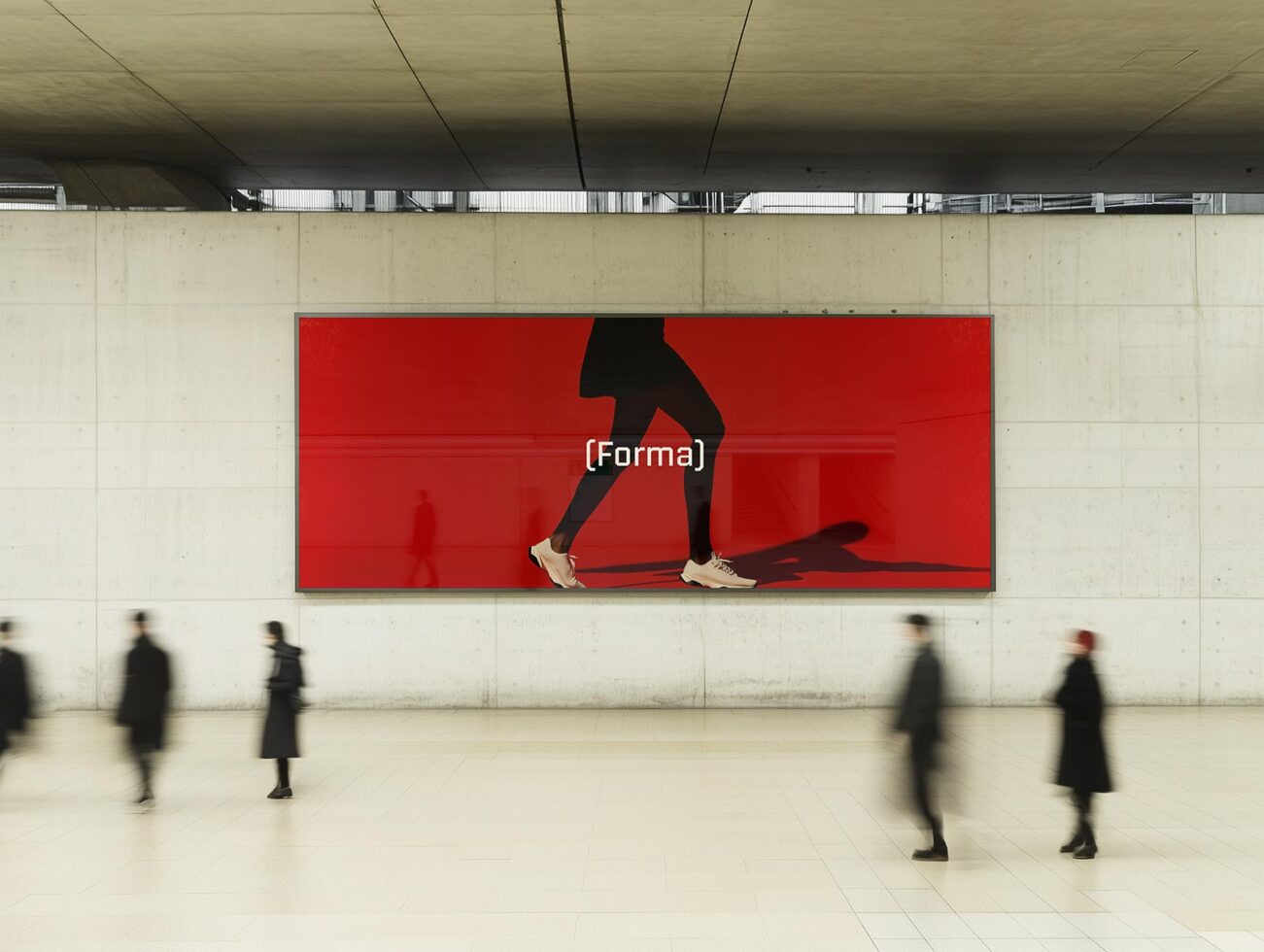 Concrete interior with large red billboard featuring half-visible walking figure. Blurred people pass by. Great for advertising mockup template designers.