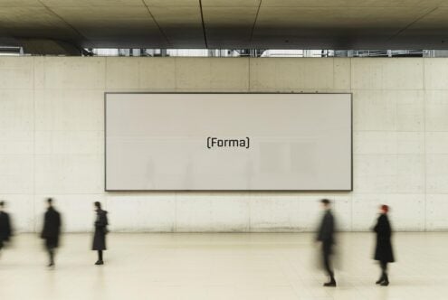 Large indoor billboard mockup with Forma text on concrete wall background. Blurred people walking by, ideal for design presentations and advertising display.