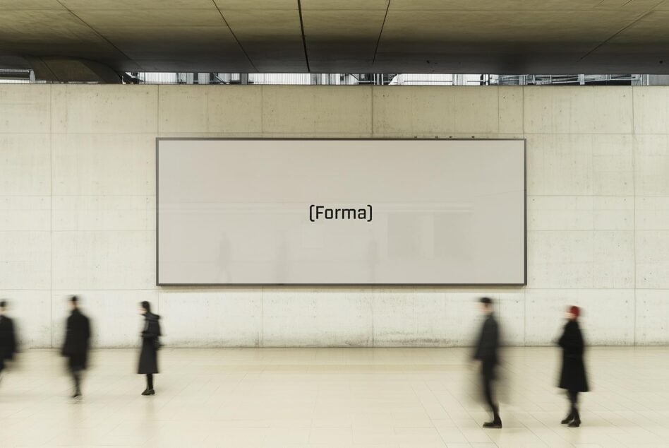 Large indoor billboard mockup with Forma text on concrete wall background. Blurred people walking by, ideal for design presentations and advertising display.