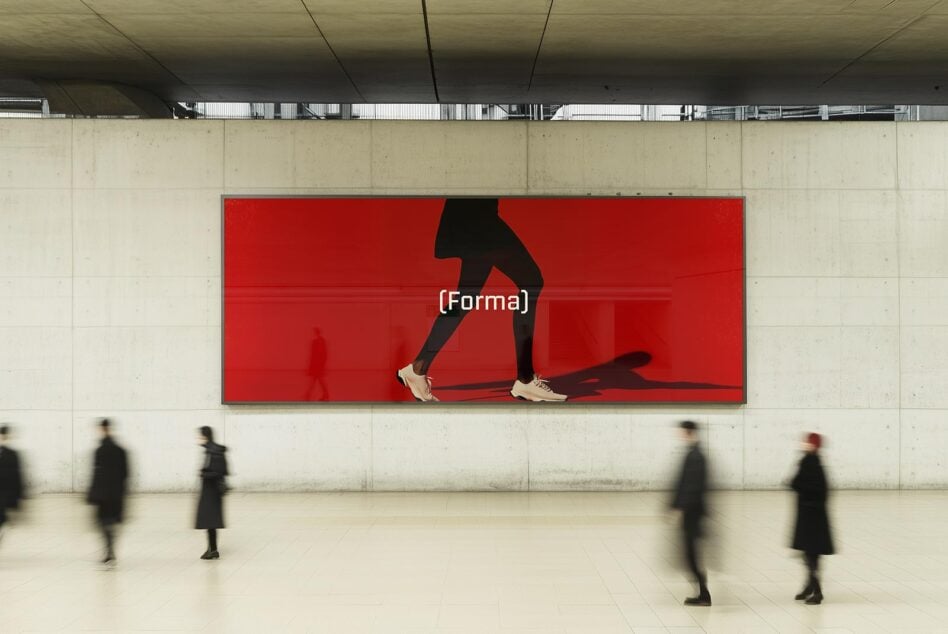 Large advertising mockup featuring a person walking on a red background in a modern hallway setting ideal for design presentations and branding displays.