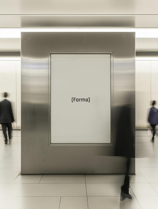 Forma poster mockup in modern gallery with blurred people walking by