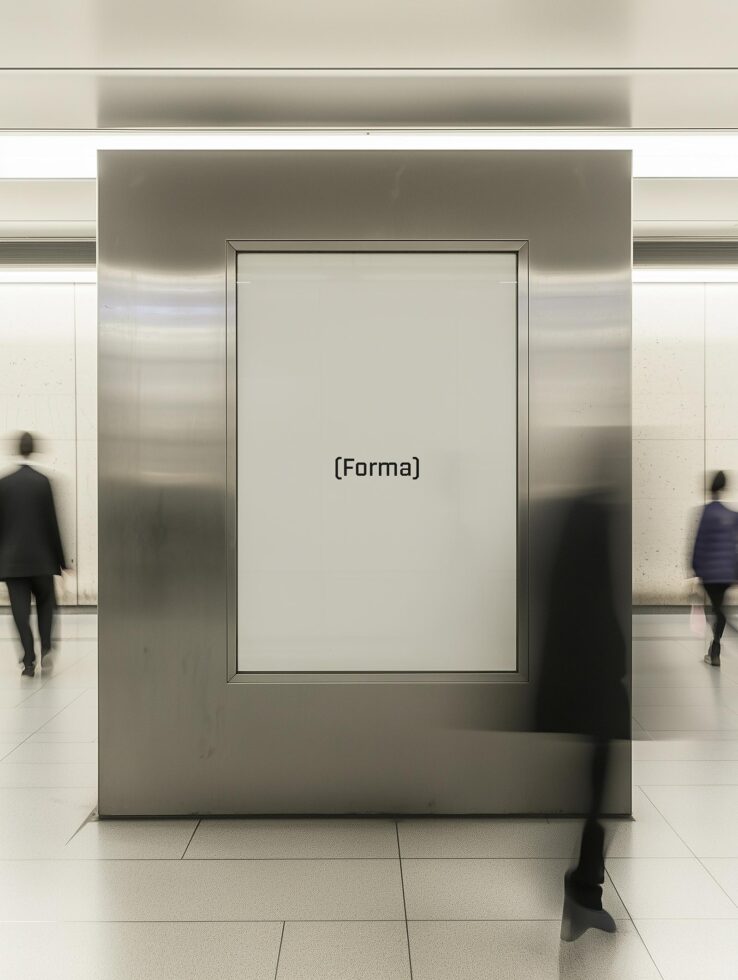 Urban poster mockup in modern subway station. Blank poster framed by metallic structure for showcasing designs. Ideal for advertising and marketing templates.