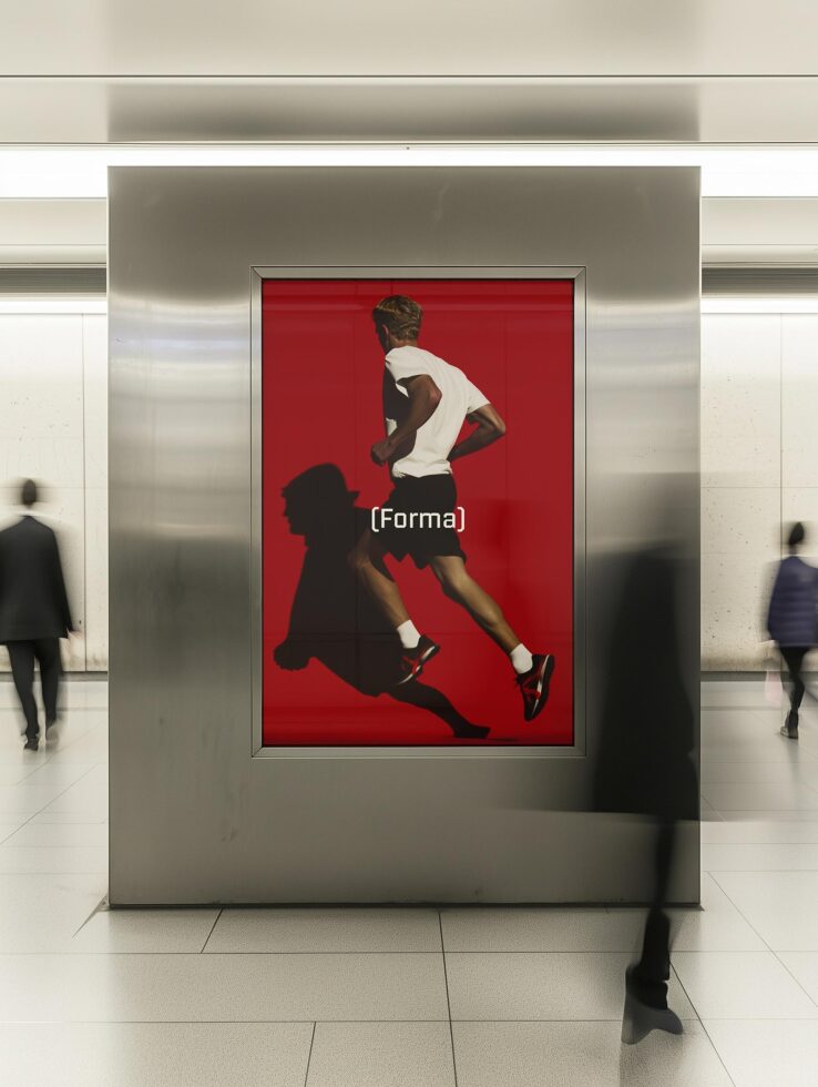 Mockup of a digital poster in a public space featuring a runner on a red background. Perfect for showcasing ad designs or promotional graphics in urban settings.