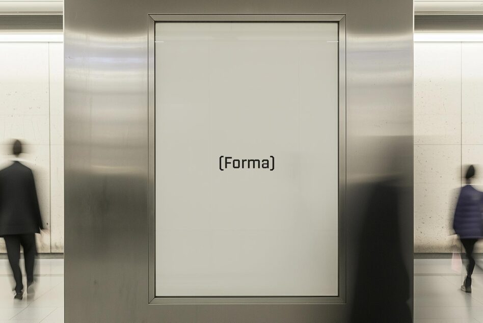 Empty white billboard frame mounted on concrete wall in city