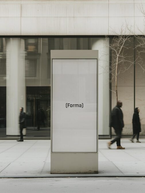 Urban street mockup template featuring a blank poster stand titled Forma in a modern cityscape for graphic design assets and advertising presentations.