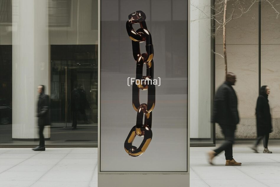 Chain sculpture displayed in a modern urban setting with blurred pedestrians walking by. Perfect for designers seeking high-quality mockup graphics.
