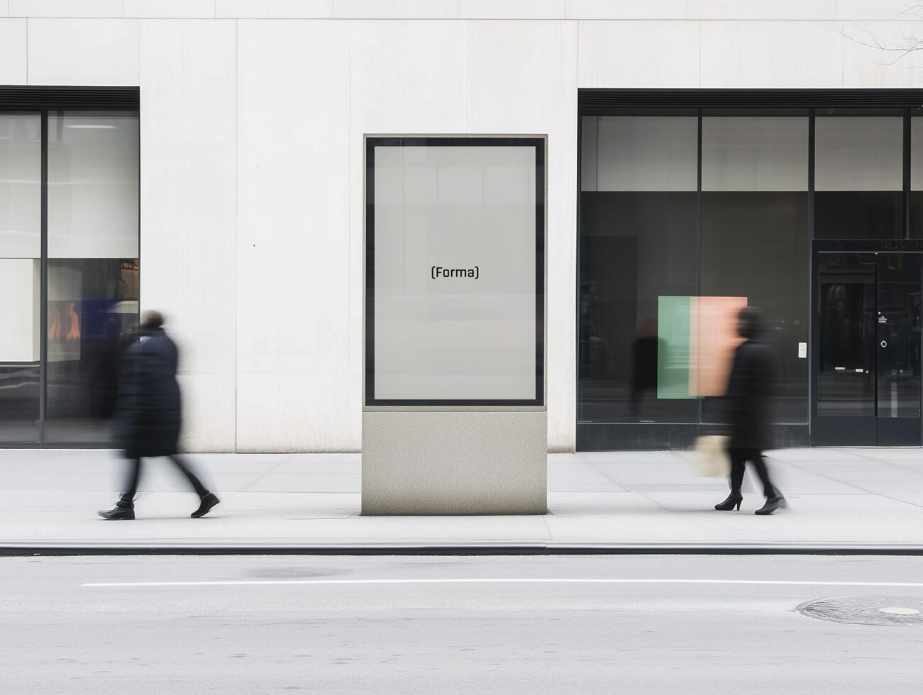 Urban billboard mockup on city street with blurred pedestrians, ideal for graphic designers. Modern facade, blank advertisement space for branding.