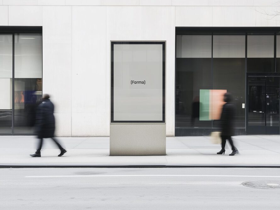 Urban billboard mockup on city street with blurred pedestrians, ideal for graphic designers. Modern facade, blank advertisement space for branding.