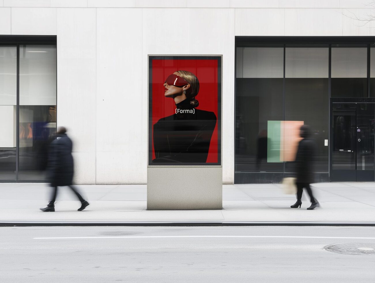 City street with billboard mockup showing modern art poster. Red background. Pedestrians blurred in motion. Ideal for designers seeking urban mockup templates.
