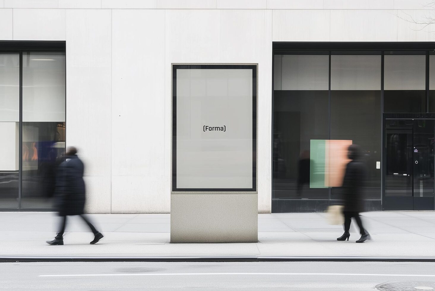 Urban street billboard mockup with pedestrians blurred in motion. Ideal for presenting ad designs or creative visual content. City setting for designers.