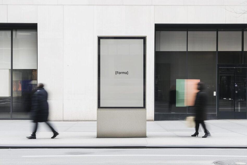 Urban street billboard mockup with pedestrians blurred in motion. Ideal for presenting ad designs or creative visual content. City setting for designers.