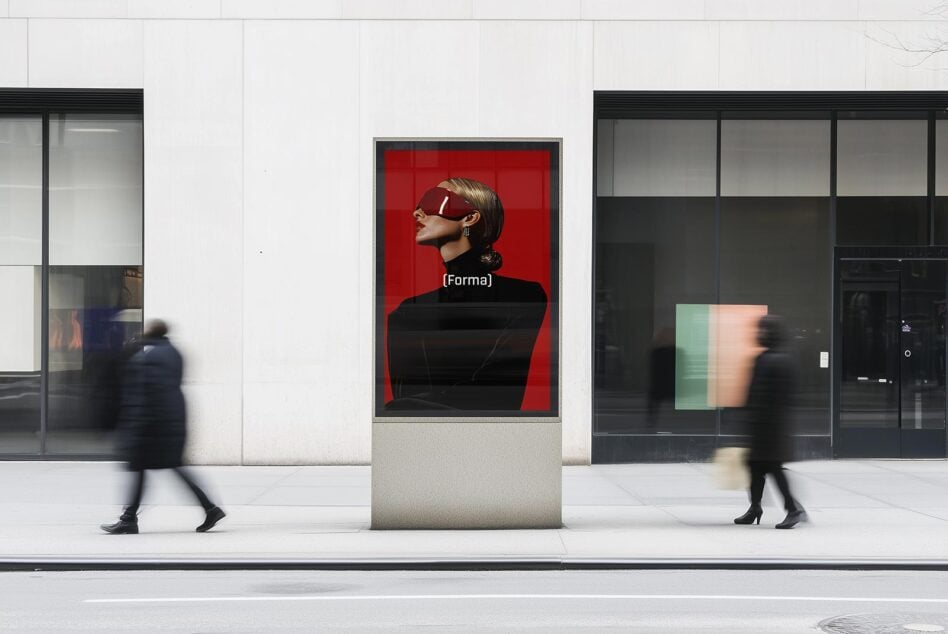 City street scene with a modern digital billboard showcasing a sleek fashion template design. Ideal for mockup presentations and creative advertising graphics.