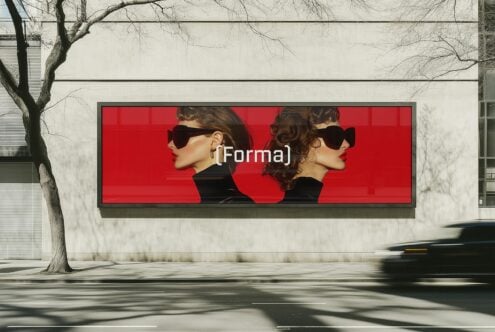 Outdoor billboard mockup showcasing a stylish fashion advertisement with a red background. Ideal for designers creating branding visuals and templates.