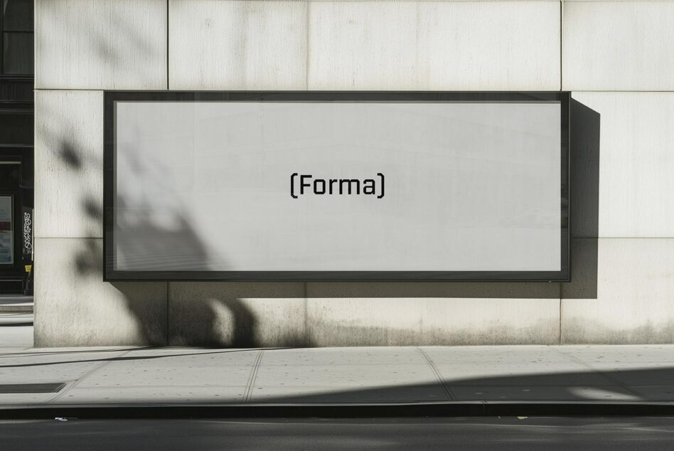 Outdoor billboard mockup on a concrete wall displaying Forma font. Ideal for showcasing branding designs and typography. Perfect for graphic designers.