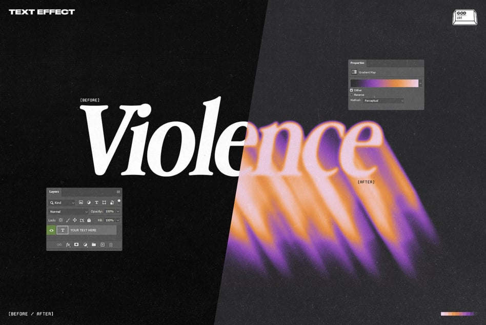 Split text effect graphic featuring a transformation from white serif font to a vibrant orange and purple gradient with motion blur. Ideal for designers.
