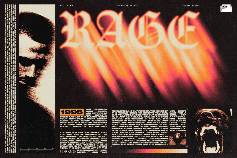 Dark graphic design template with grunge text Rage in bold retro font. Includes abstract face and animal image. Perfect for designers seeking edgy aesthetics.