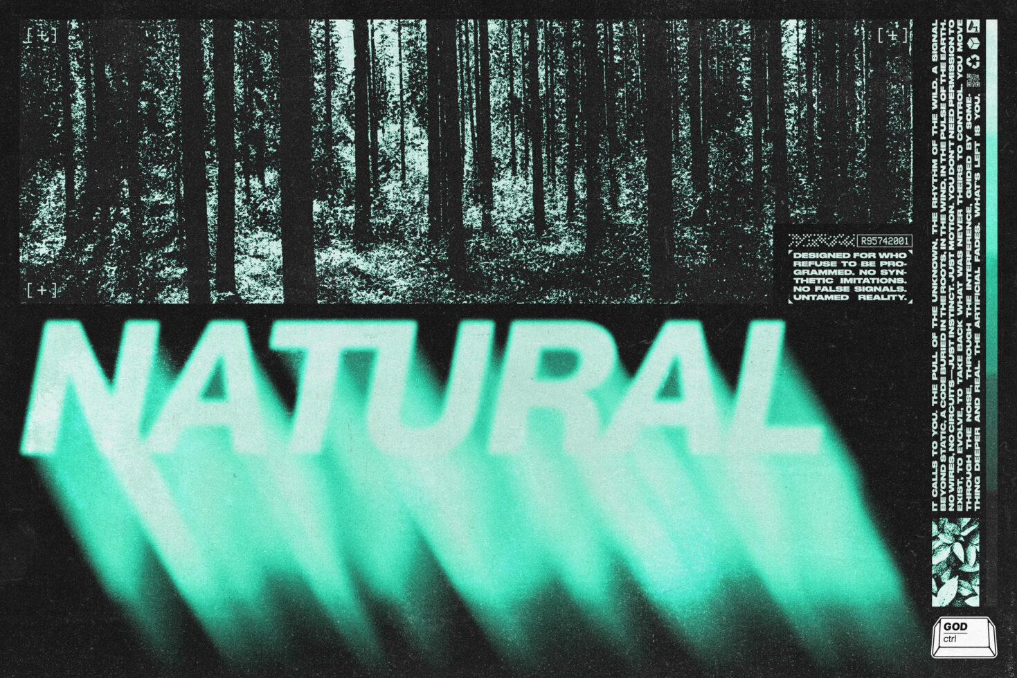 Digital design asset featuring a bold, blurred text Natural overlaying a high-contrast black and teal forest image, ideal for graphic design projects.
