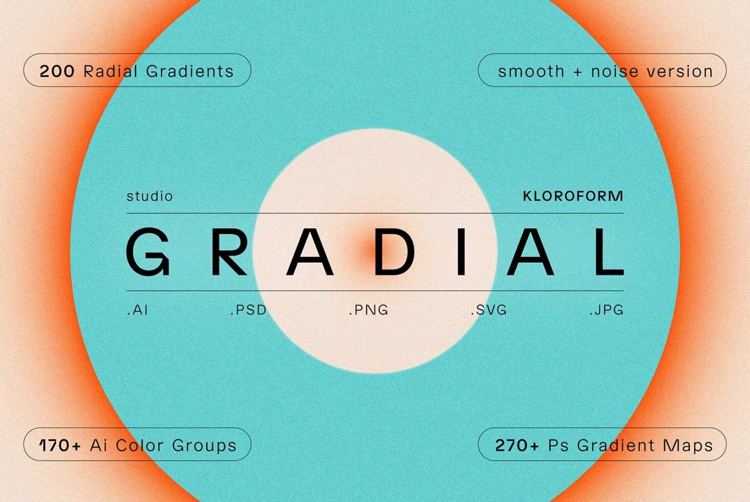 Digital asset offering 200 radial gradients, available in AI, PSD, PNG, SVG, JPG formats. Includes smooth noise versions. Ideal for designers.