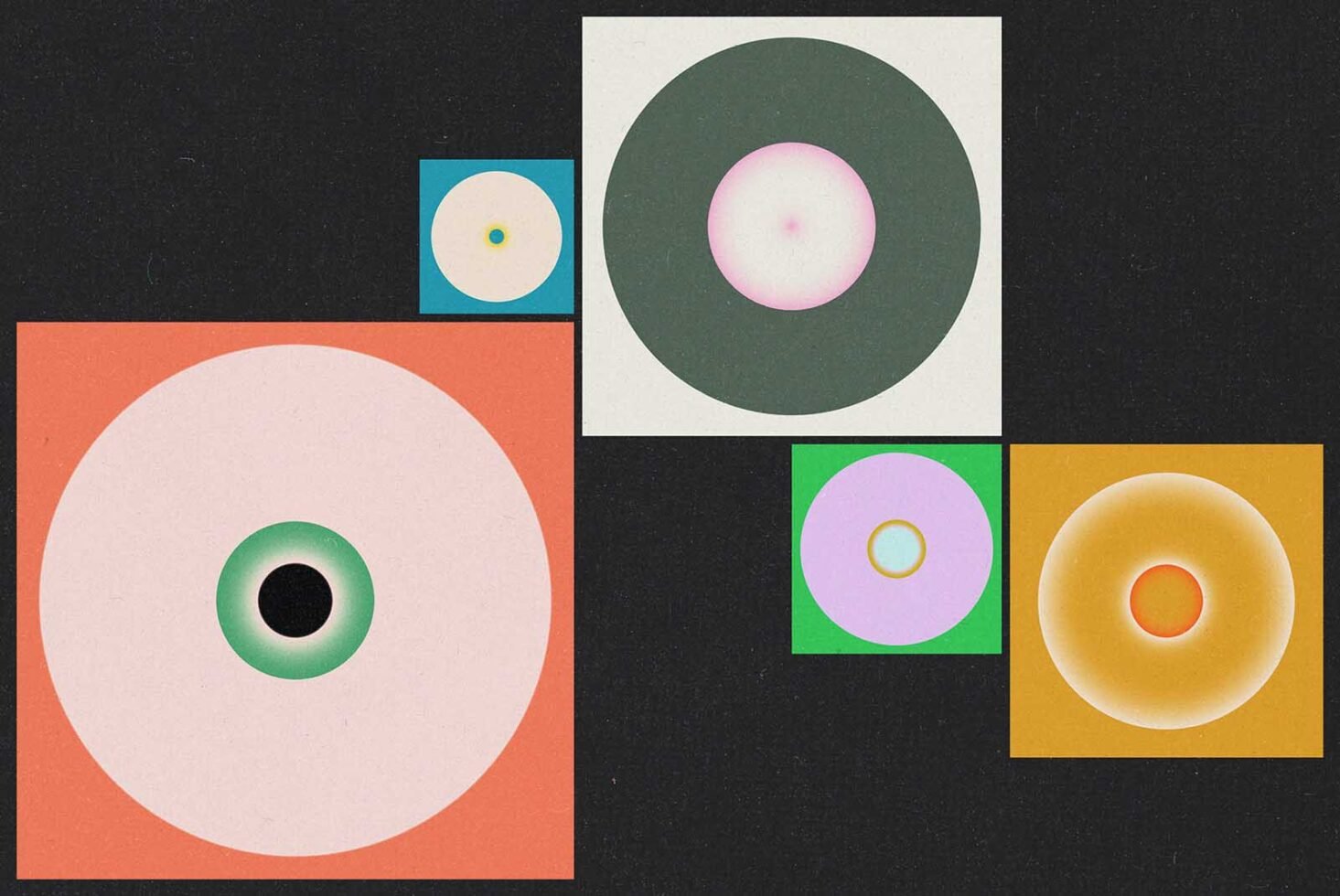 Abstract geometric graphic with colorful concentric circles on black background for designer assets. Ideal for retro templates and creative design use.