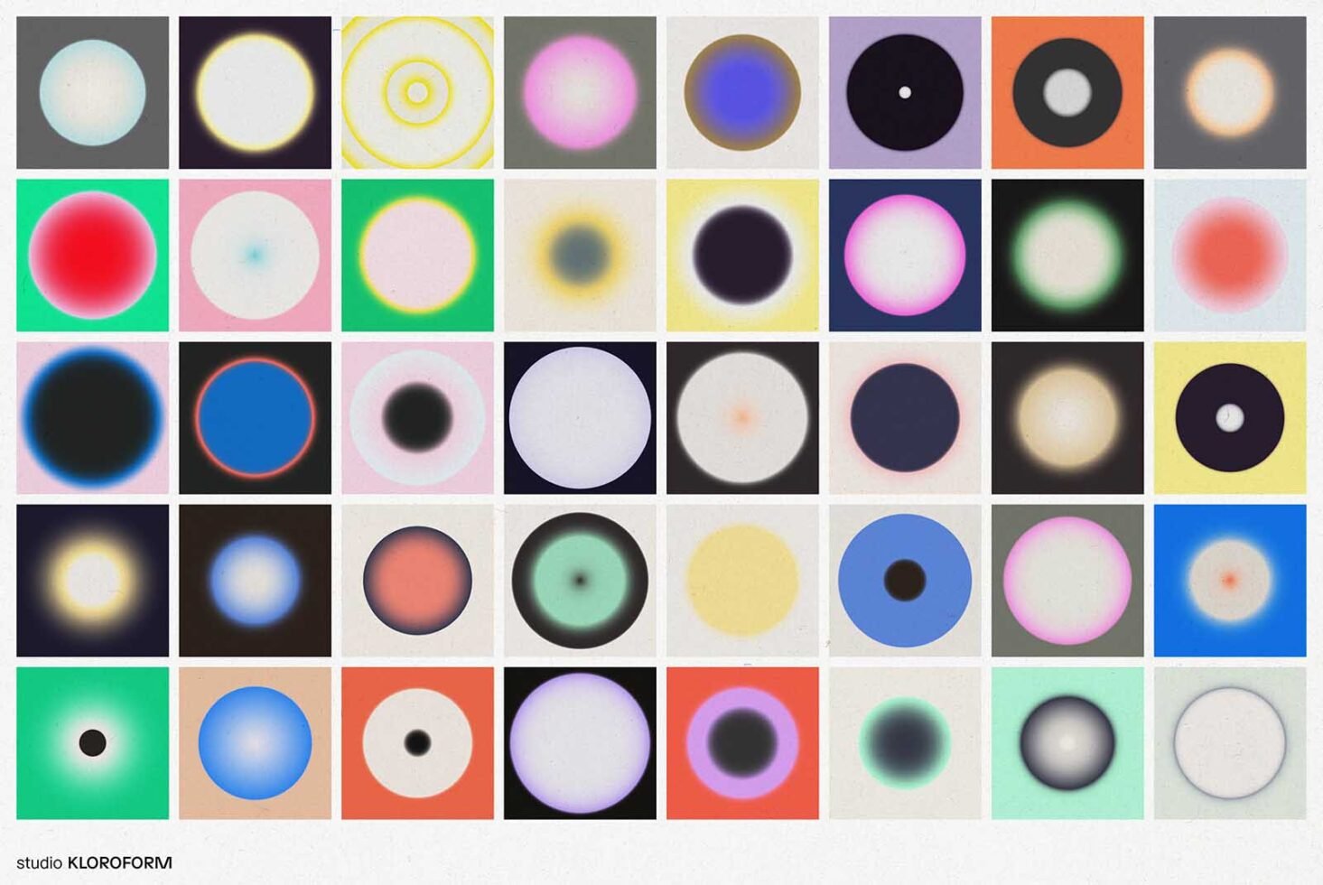 Grid of 40 colorful abstract gradient circles. Digital graphics asset for designers. Perfect for backgrounds, templates, and creative projects.