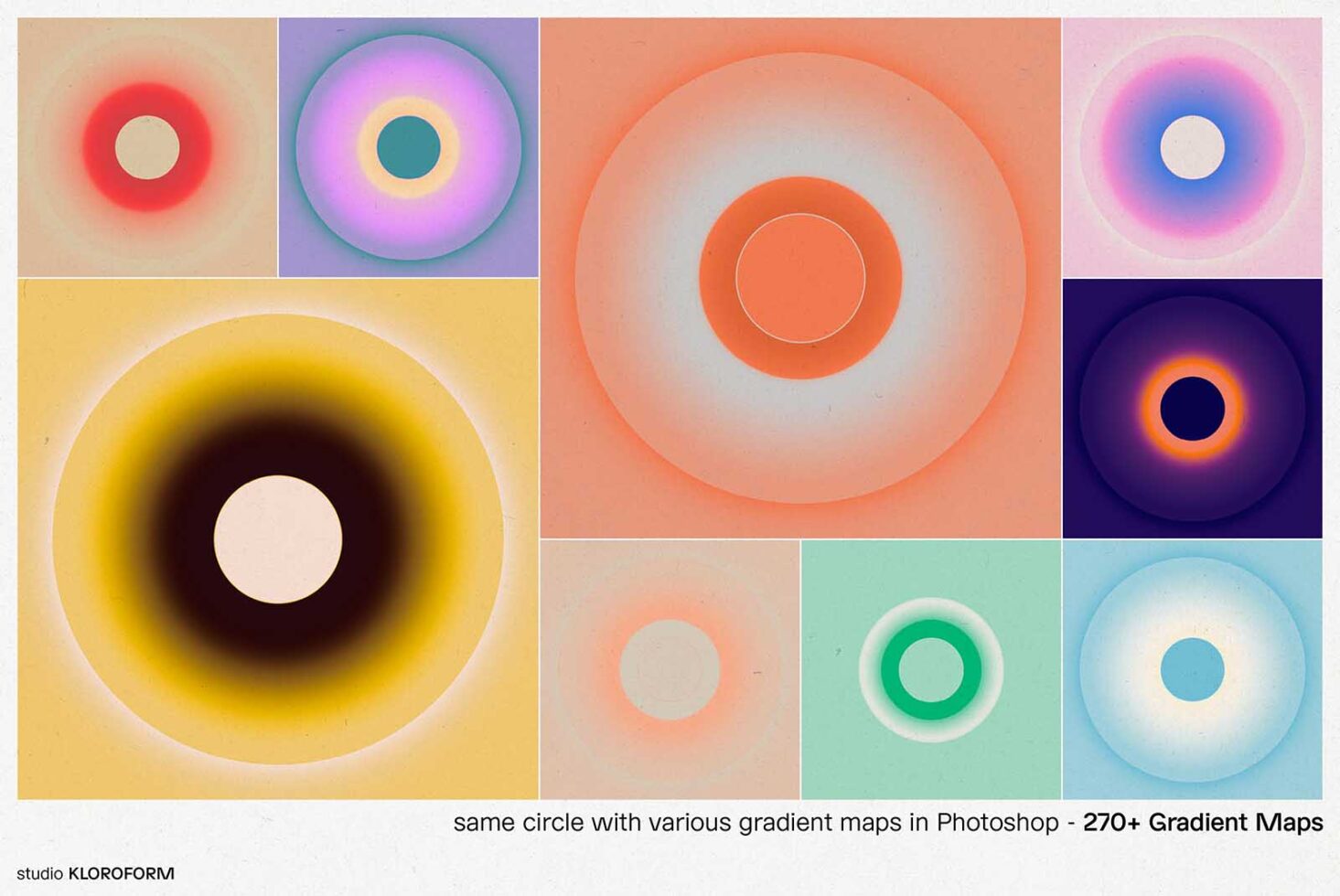 Gradient circles collage showcasing various color maps for Photoshop. Perfect for designers seeking unique templates. Vibrant abstract graphics.