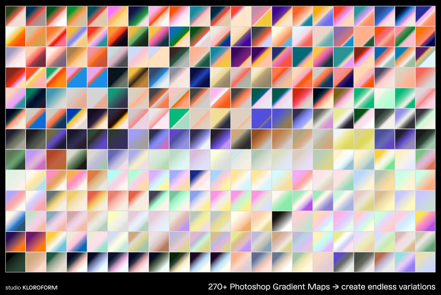 Photoshop Gradient Maps collection showcasing over 270 colorful gradient variations. Ideal for digital design assets. Perfect for designers seeking creativity.