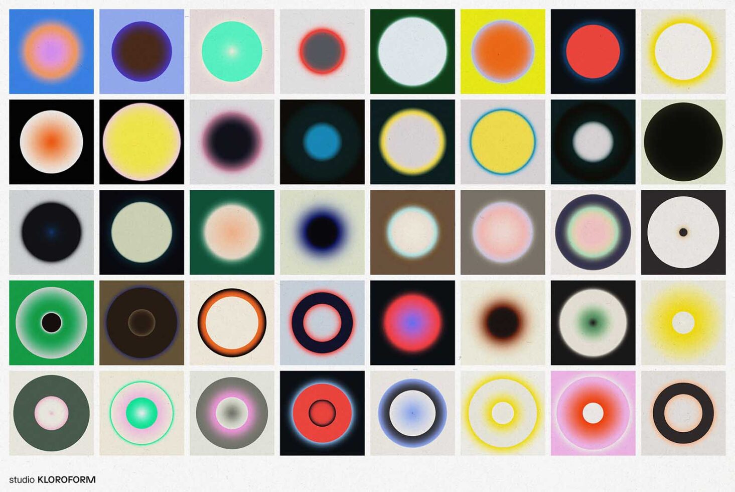 Colorful gradient circles in a digital grid ideal for graphic design backgrounds or templates on a design marketplace website. Abstract art.