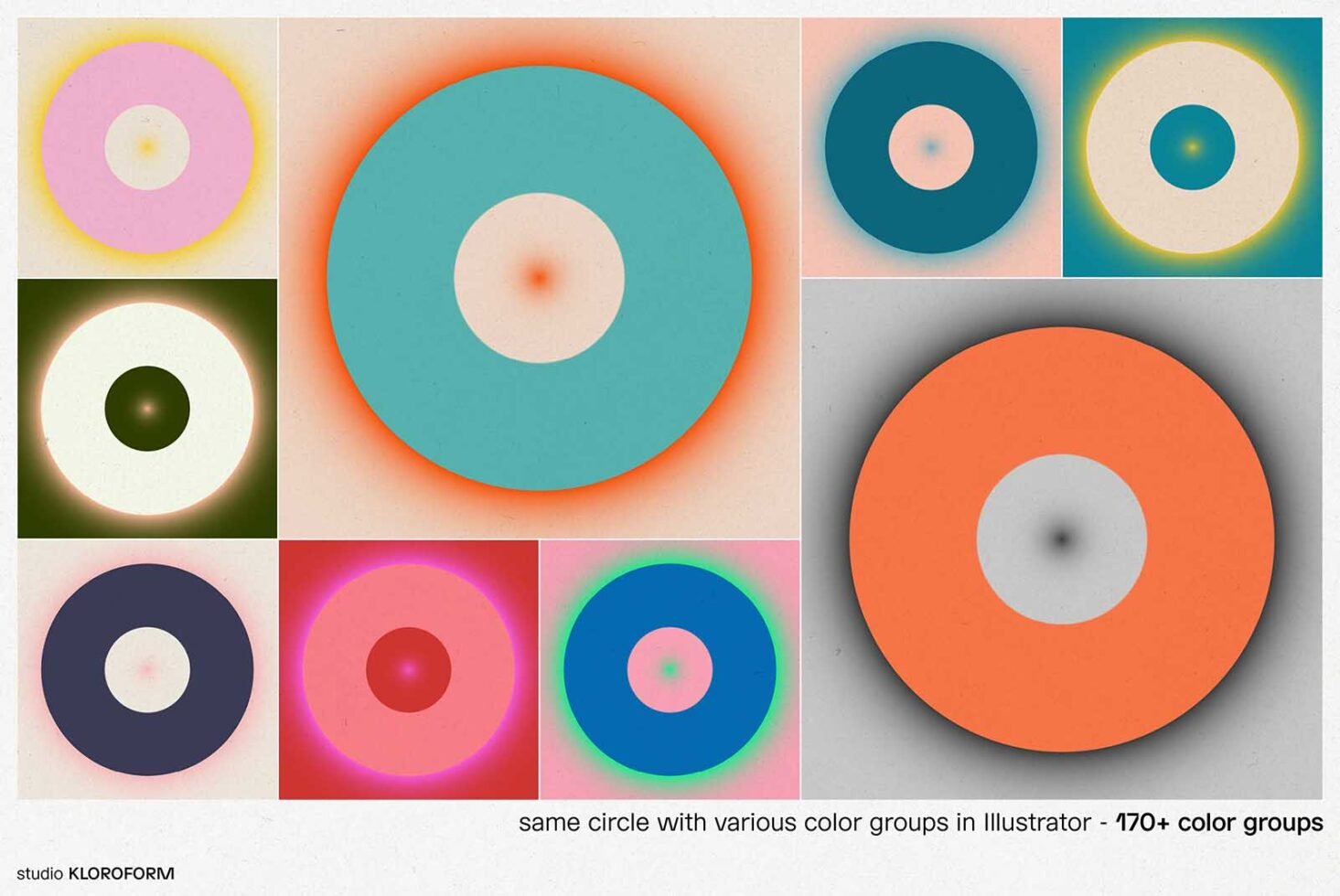 Abstract circles in various color schemes in Illustrator. Perfect for designers seeking vibrant graphic templates. Includes 170 plus color groups.