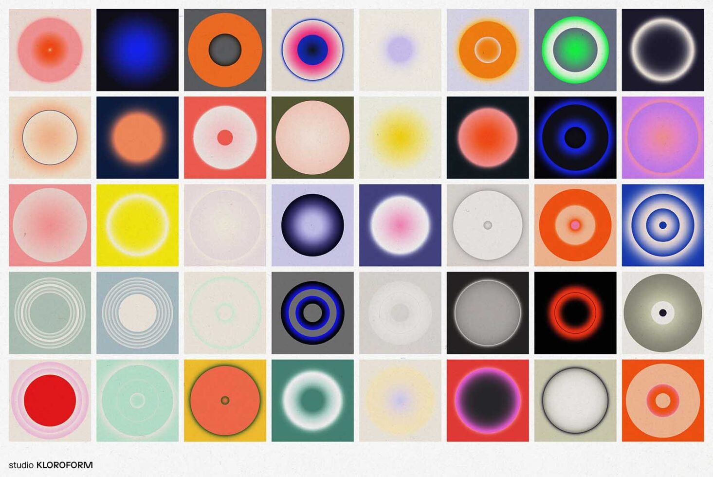 Colorful gradient circle patterns grid suitable for designers in graphics and templates. Abstract designs with vibrant hues for creative use in projects.