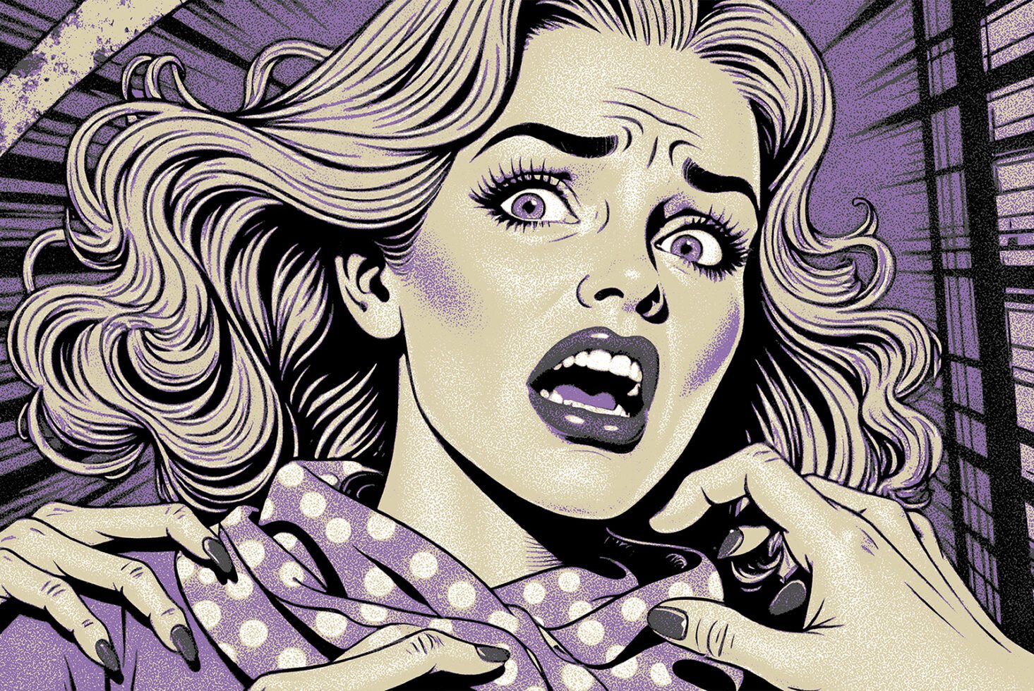 Vintage comic-style illustration depicting a scared woman. Pop art graphics, retro design element for creative projects, templates, and mockups.