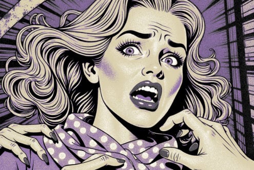 Vintage comic-style illustration depicting a scared woman. Pop art graphics, retro design element for creative projects, templates, and mockups.